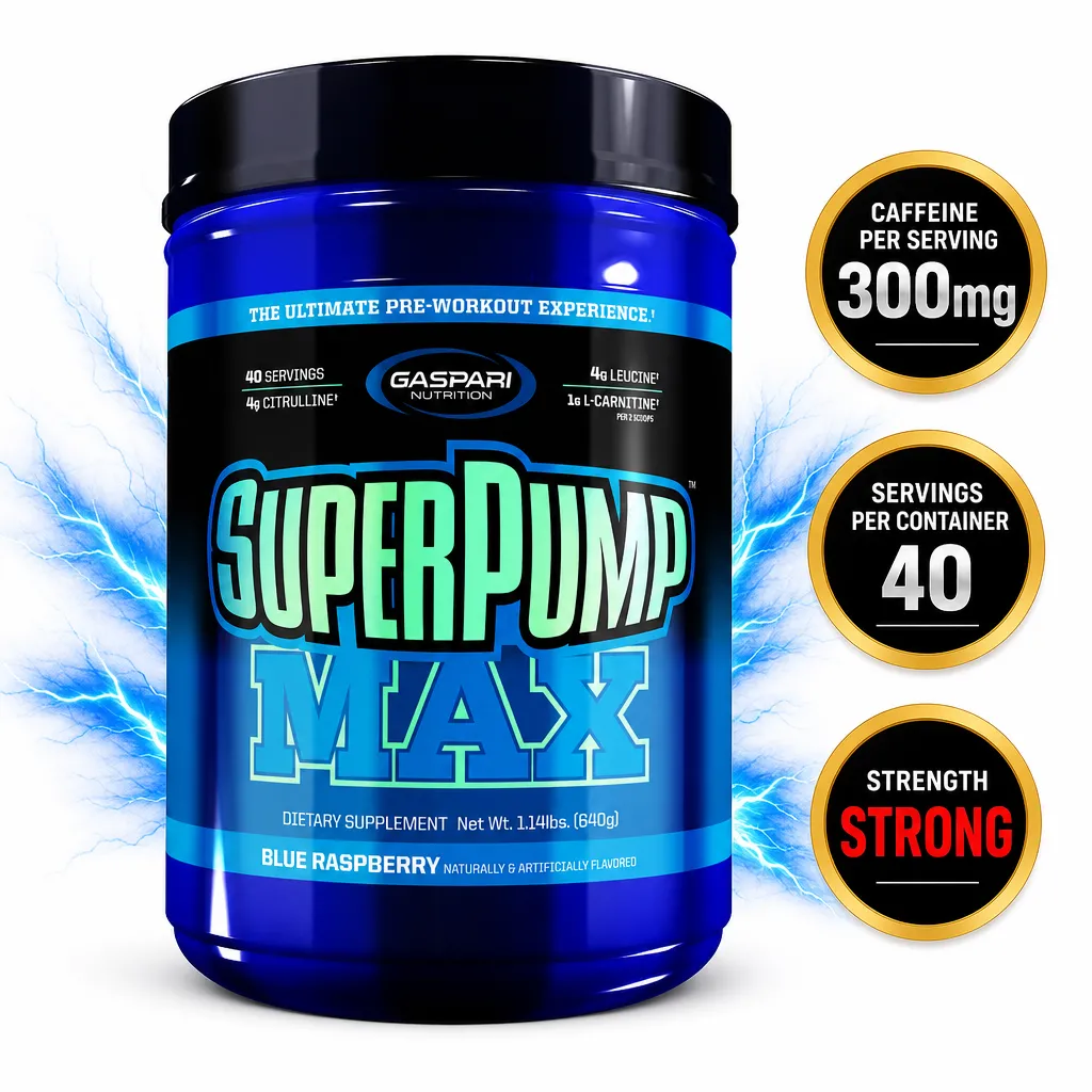 Gaspari Nutrition SuperPump Max 640g pre-workout dietary supplement in blue raspberry flavour, blue tub with 40 servings