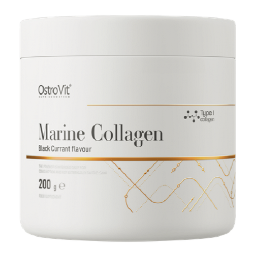 OstroVit Marine Collagen 200g Black Currant flavour, a type I collagen supplement powder in a white tub with gold accents.