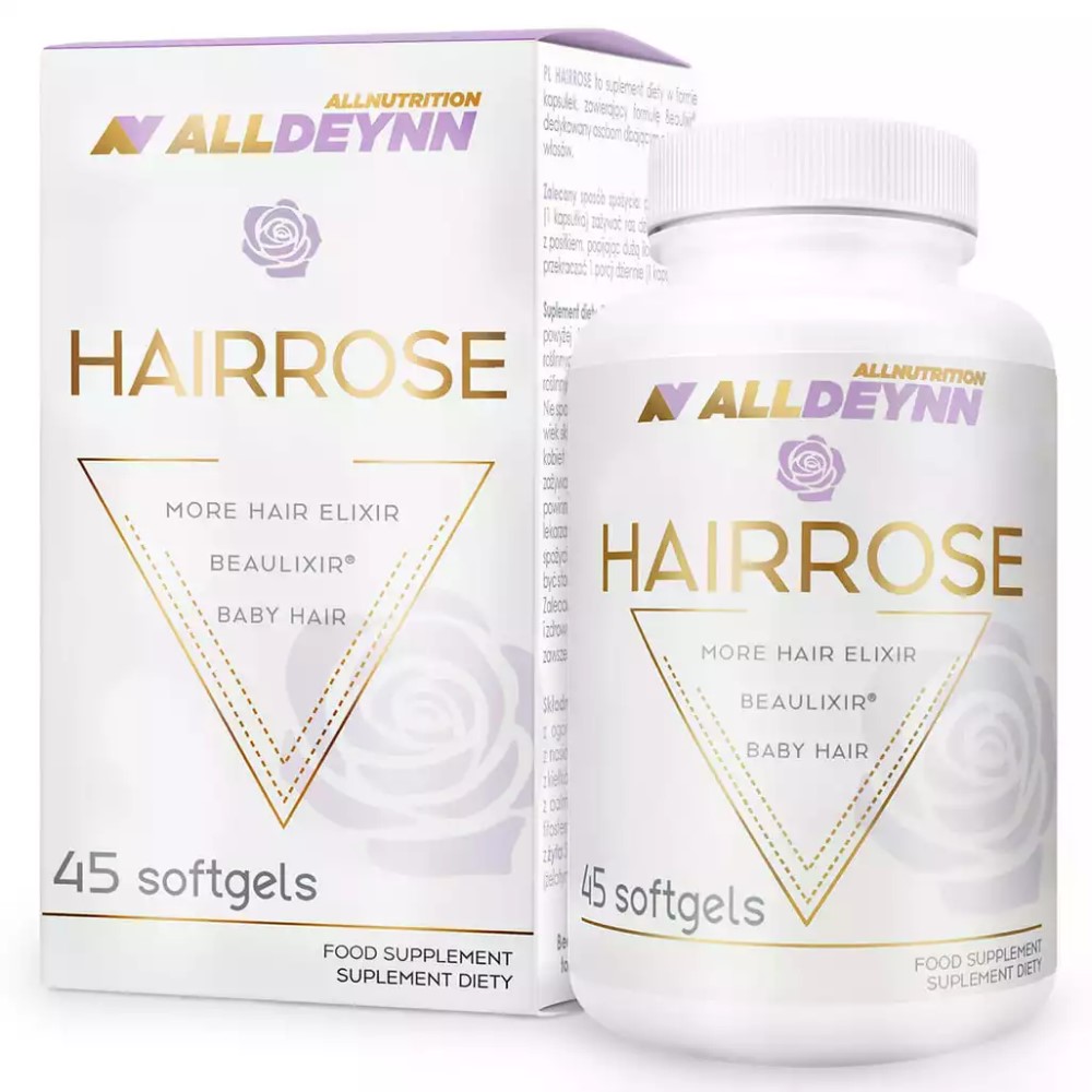 ALLNUTRITION ALLDEYNN Hairrose 45 softgels food supplement for hair health, featuring Beaulixir, in a white and gold bottle and box packaging.
