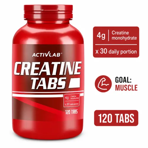 ActivLab Creatine 120 Tabs creatine monohydrate supplement in a red bottle, designed for muscle energy, strength, and recovery with 120 tablets per container.