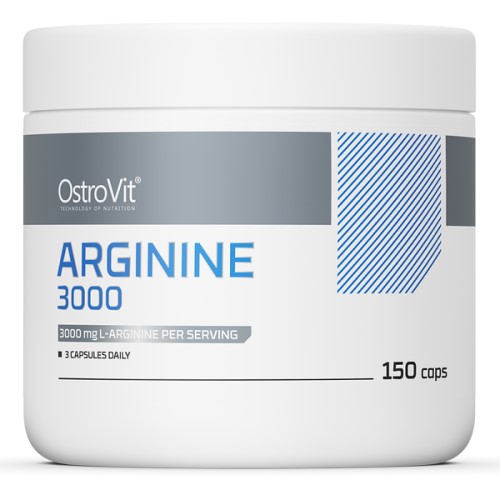 OstroVit Arginine 3000 150 caps L-arginine dietary supplement in capsule form, white container with blue and grey accents.