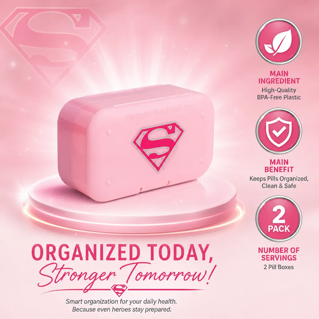 SmartShake Pill Box Organizer DC Supergirl 2pack, compact pink pill organizer with Supergirl logo, BPA-free plastic, includes two boxes for supplements or medication.