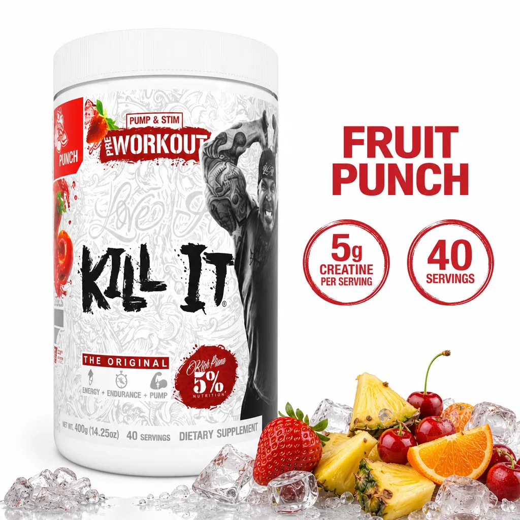 5% Nutrition Kill It Fruit Punch pre-workout powder, 400 g tub with 40 servings and 5 g creatine per serving