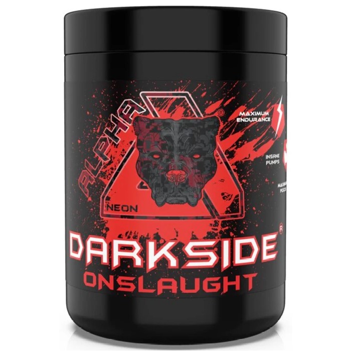 Alpha Neon Darkside Onslaught pre-workout supplement with a black and red label, featuring a panther graphic and bold text, designed for maximum endurance and pumps.