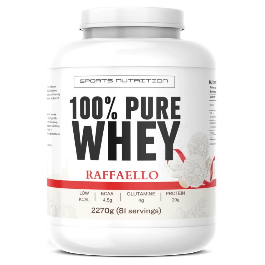 whey protein, 100% pure, protein powder, sport nutrition, Raffaello flavor