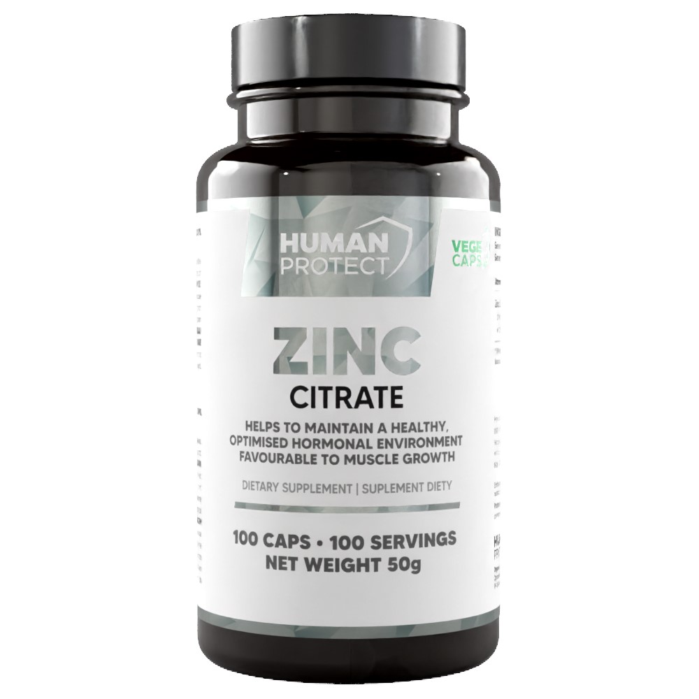 Human Protect Zinc Citrate dietary supplement, 100 vegetable capsules, supports hormonal environment and muscle growth, white and black bottle.