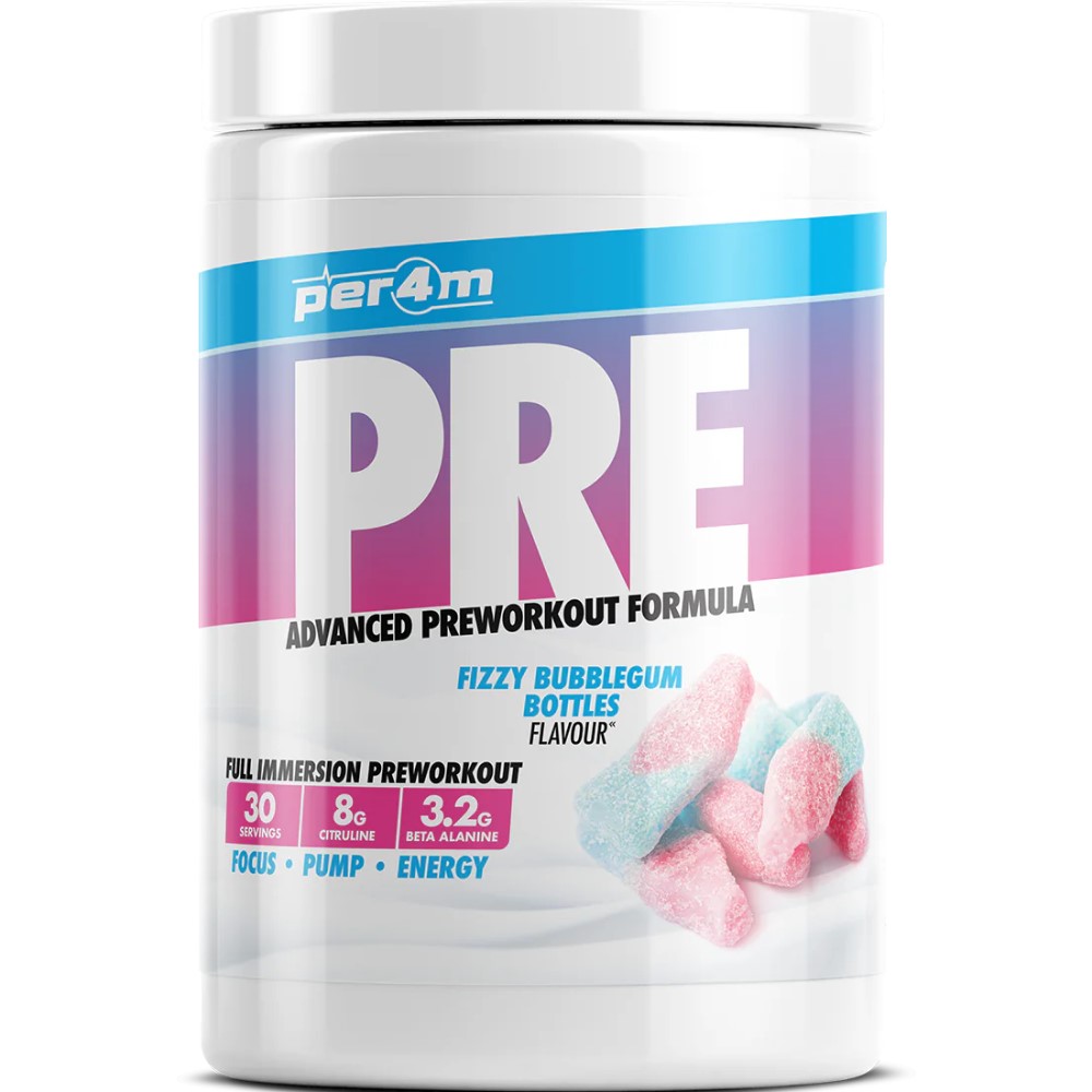 Per4m Pre Workout advanced preworkout formula in Fizzy Bubblegum Bottles flavour, 30 servings, with 8g citrulline and 3.2g beta alanine, white tub with blue and pink accents.
