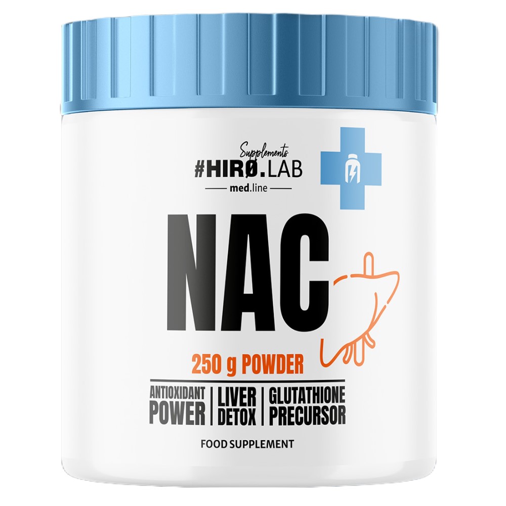Hiro Lab NAC 250g container, white plastic jar with blue and black label, unflavored powder supplement
