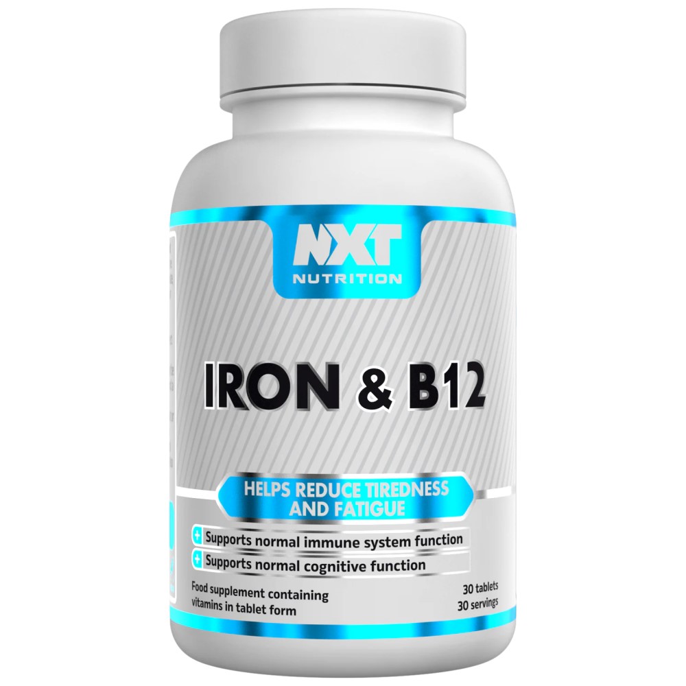 NXT Nutrition Iron & B12 30 Tabs bottle, white plastic container with label, contains 30 supplement tablets