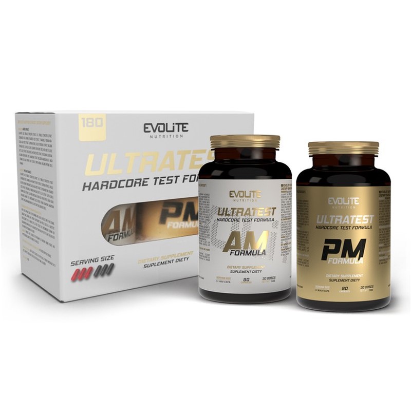 Evolite UltraTest Hardcore Test Formula dietary supplement, 2x90 capsules set with AM and PM formulas, in black and gold bottles with a matching box.