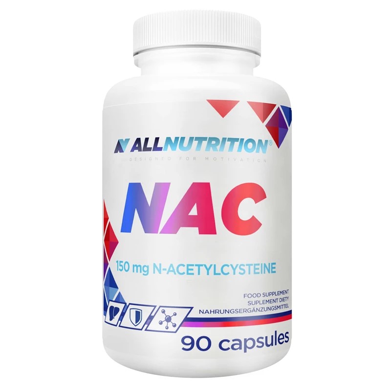 Allnutrition NAC 90 capsules N-acetylcysteine food supplement in a white bottle with colorful geometric accents, 150 mg per capsule.