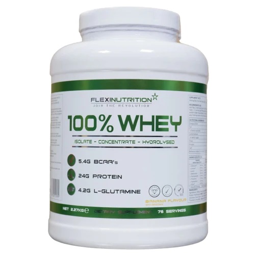 Flexi Nutrition 100% Whey protein powder, 2.27kg tub, banana flavour, featuring isolate, concentrate, and hydrolysed whey with 24g protein per serving.