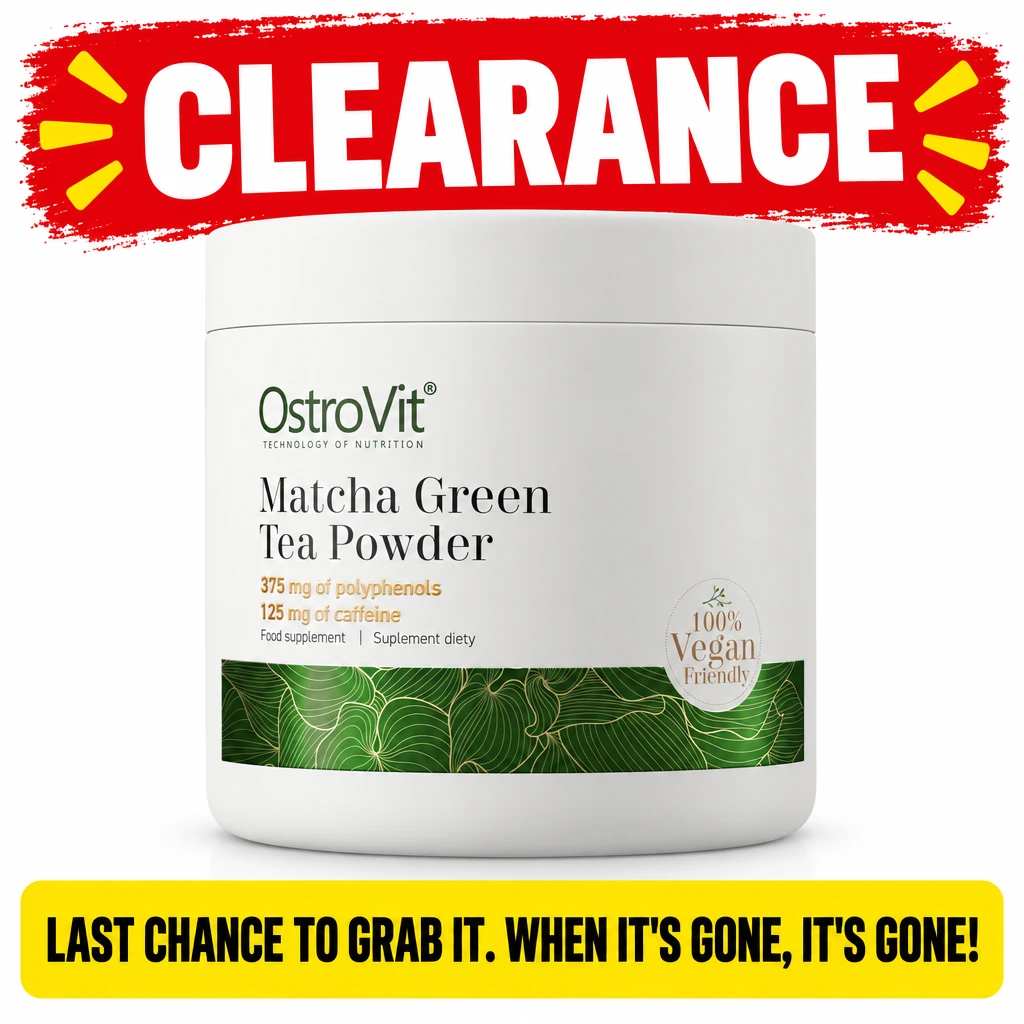 OstroVit Matcha Green Tea Powder, 100g powdered green tea supplement in a white tub with green label, shown with a clearance banner.