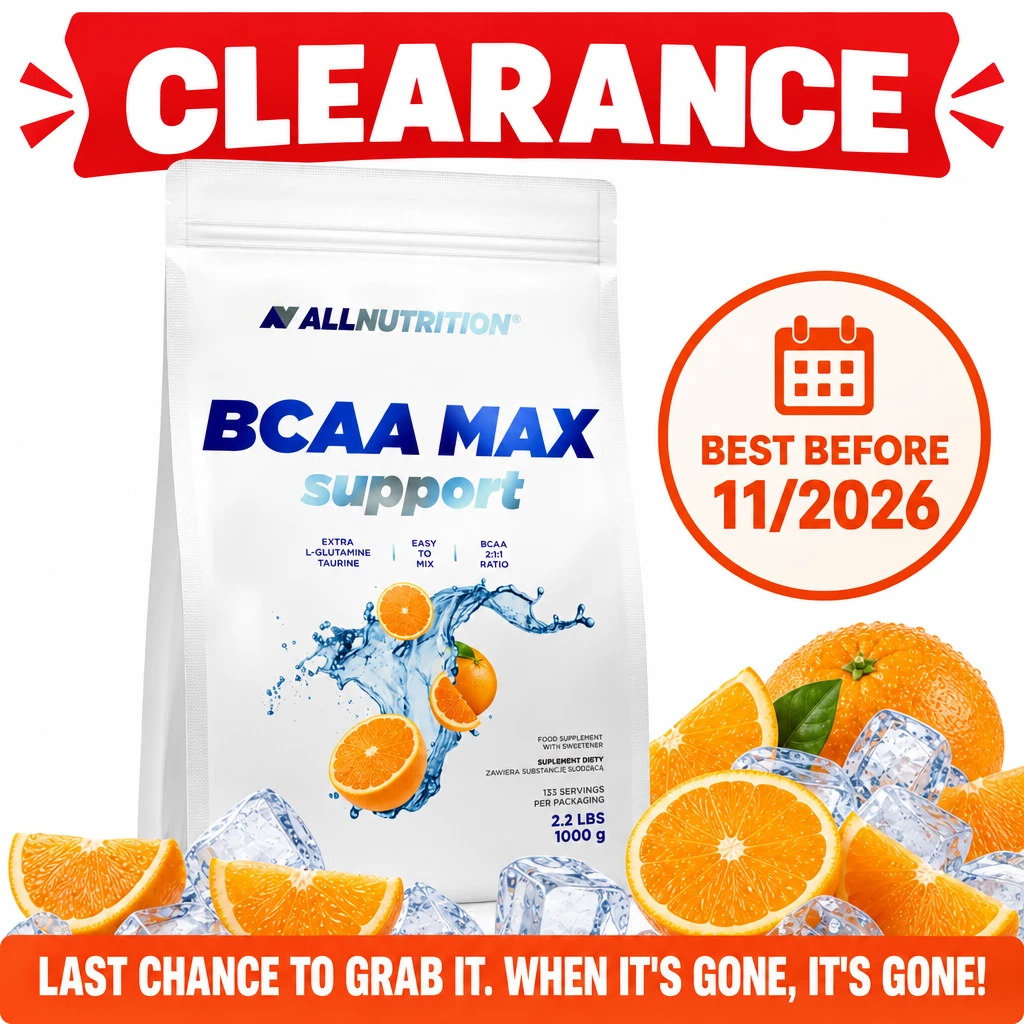 Allnutrition BCAA Max Support orange BCAA powder, 1000 g pouch, shown with oranges and ice; best before 11/2026.