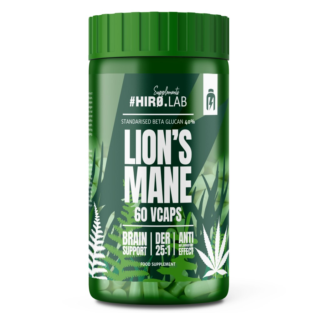 Hiro Lab Lion's Mane 60 Vcaps brain support supplement with standardised beta glucan, green bottle with plant graphics, food supplement capsules.