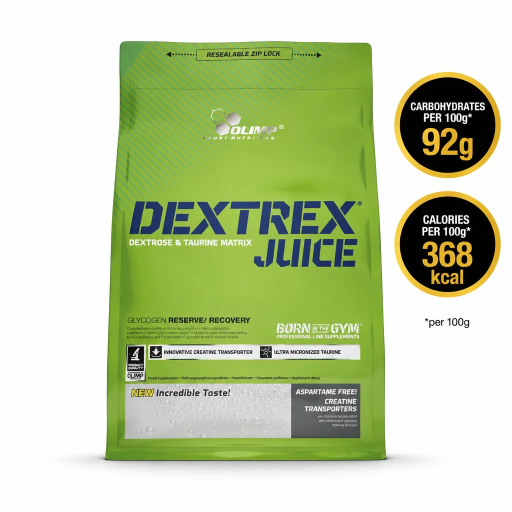 Olimp Dextrex Juice 1000g carbohydrate powder supplement with dextrose, shown in a green resealable pouch