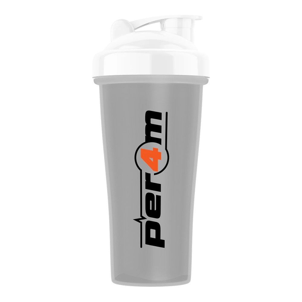 Per4m Shaker 700ml clear protein shaker with white lid, transparent body, and black and orange logo, ideal for mixing supplements or protein drinks.