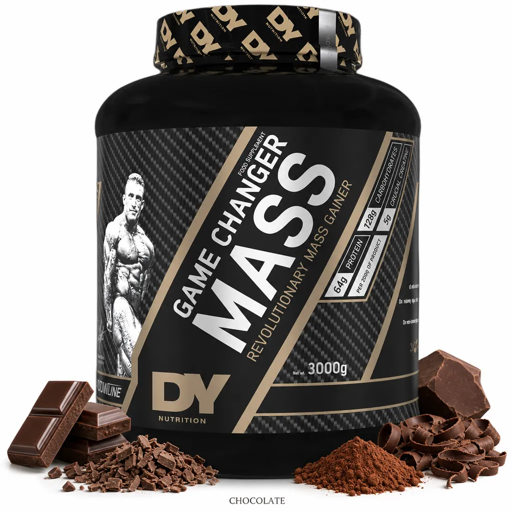 Dorian Yates Game Changer Mass 3000g chocolate mass gainer supplement with high protein and carbohydrate content, designed for muscle growth and recovery.