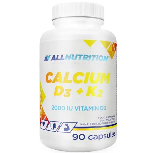 Allnutrition Calcium D3+K2 90 capsules dietary supplement with 2000 IU vitamin D3, white bottle with yellow and blue accents.