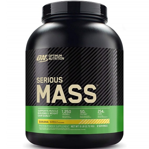 Optimum Nutrition Serious Mass 2.72kg banana flavour mass gainer protein powder supplement with 1,250 calories and 50g protein per serving, black and green tub.