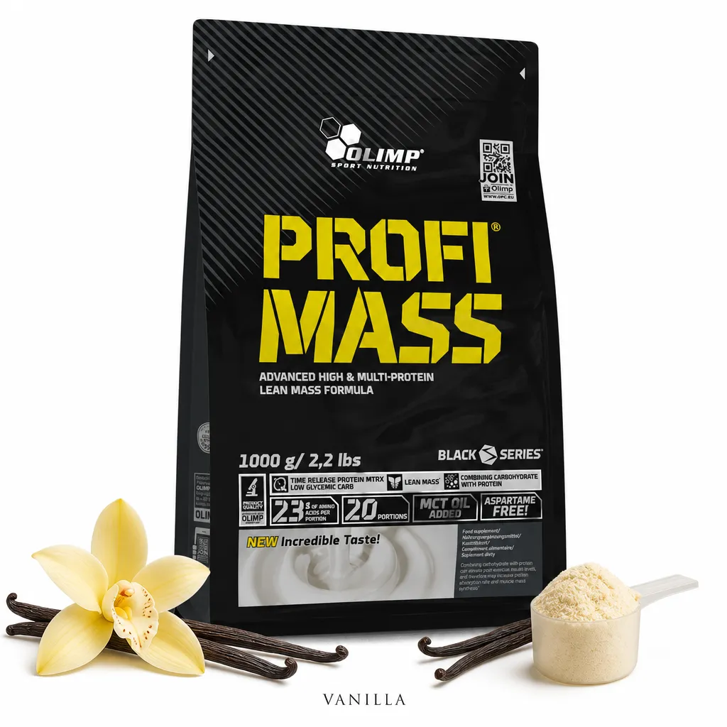 Olimp Nutrition Profi Mass 1000g vanilla protein-carbohydrate powder, featuring a balanced protein blend, complex carbs, and added MCT oil for muscle growth and recovery.