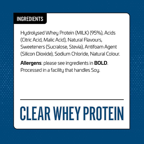 Applied Nutrition Clear Whey Protein ingredients label, listing hydrolysed whey protein, acids, natural flavours, sweeteners, antifoam agent, sodium chloride, and natural colour. Contains milk and processed in a facility that handles soy.