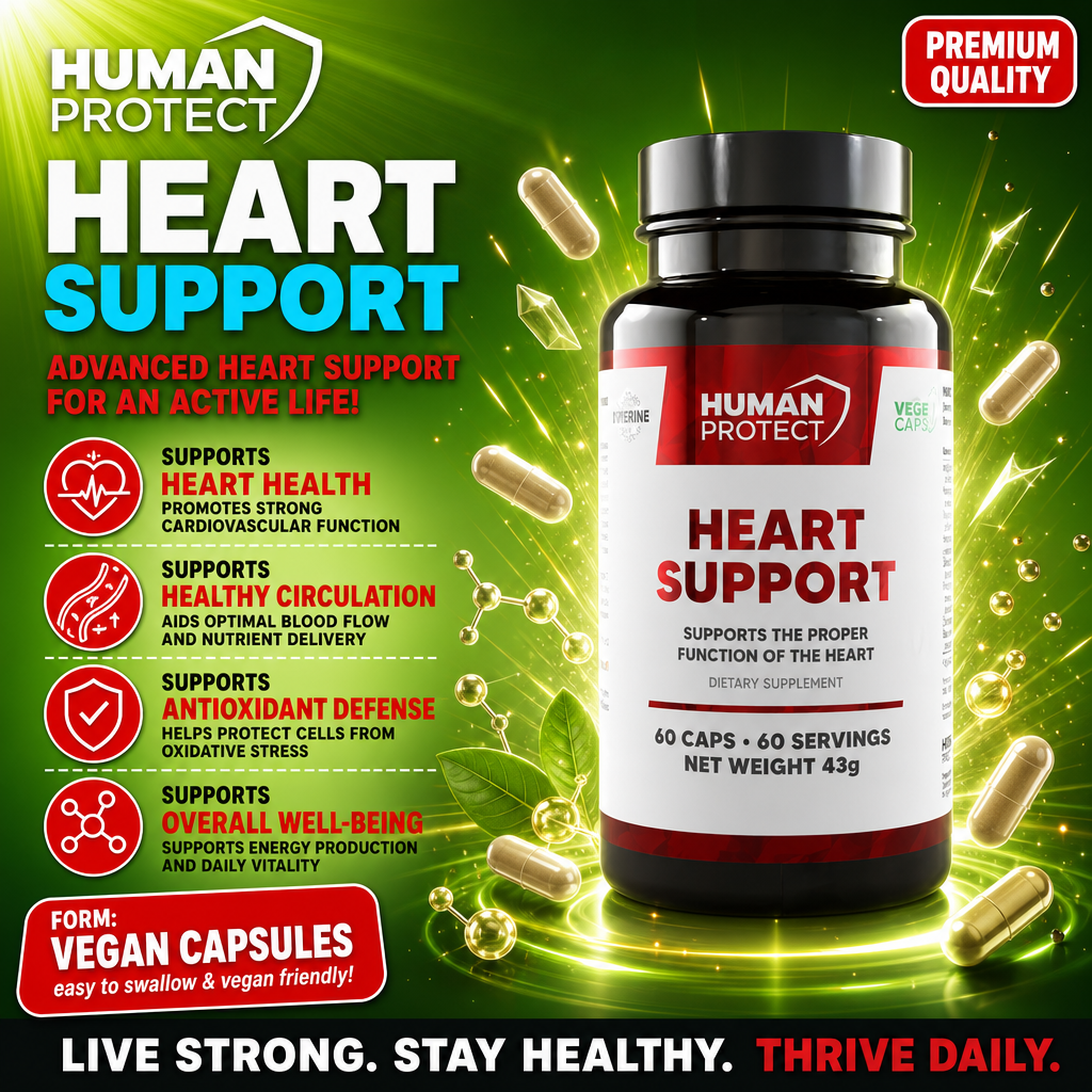 Human Protect Heart Support 60 Caps bottle with branded label, showing supplement facts and product details.