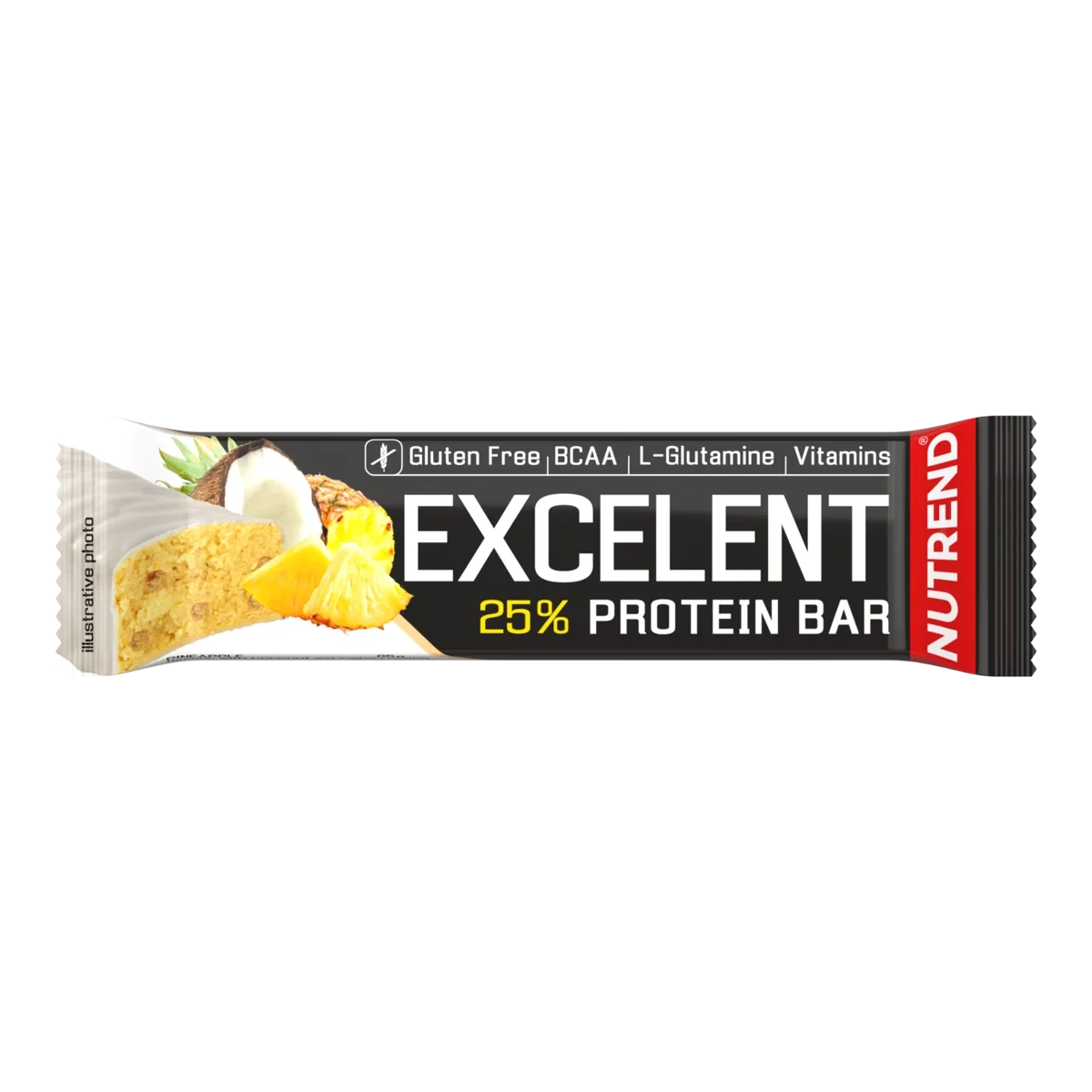 Nutrend Excelent 25% Protein Bar Pineapple Coconut is a high-protein, gluten-free snack bar with BCAAs, L-glutamine, and vitamins, featuring pineapple and coconut flavor.