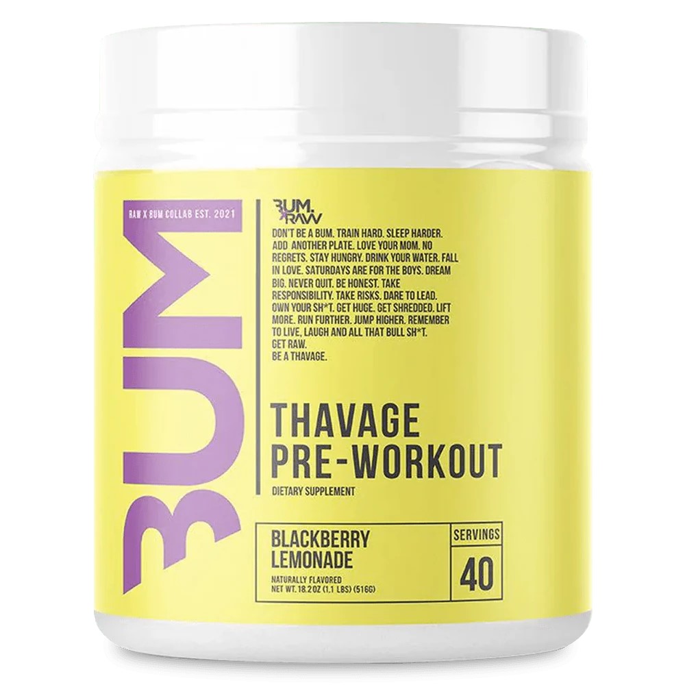 RAW Nutrition Thavage Pre-Workout blackberry lemonade flavour pre-workout supplement, 40 servings, in a yellow container.