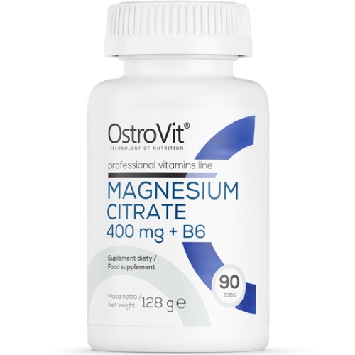 OstroVit Magnesium Citrate 400 mg + B6 food supplement, 90 tablets, professional vitamins line, white bottle with blue accents.