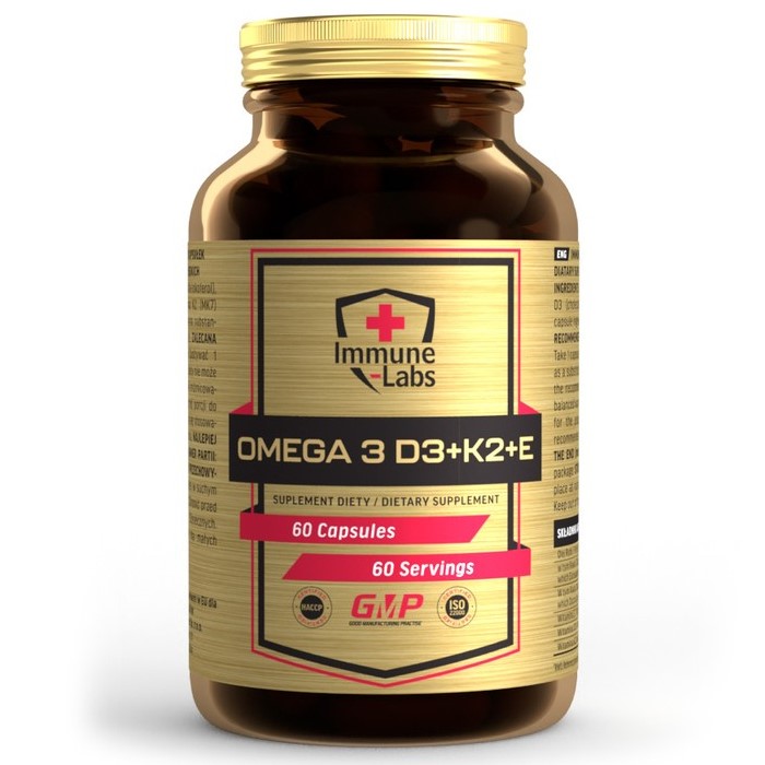 Immune Labs Omega 3 D3+K2+E dietary supplement, 60 capsules, combining omega-3 fatty acids with vitamins D3, K2, and E, in a brown bottle with a gold label.
