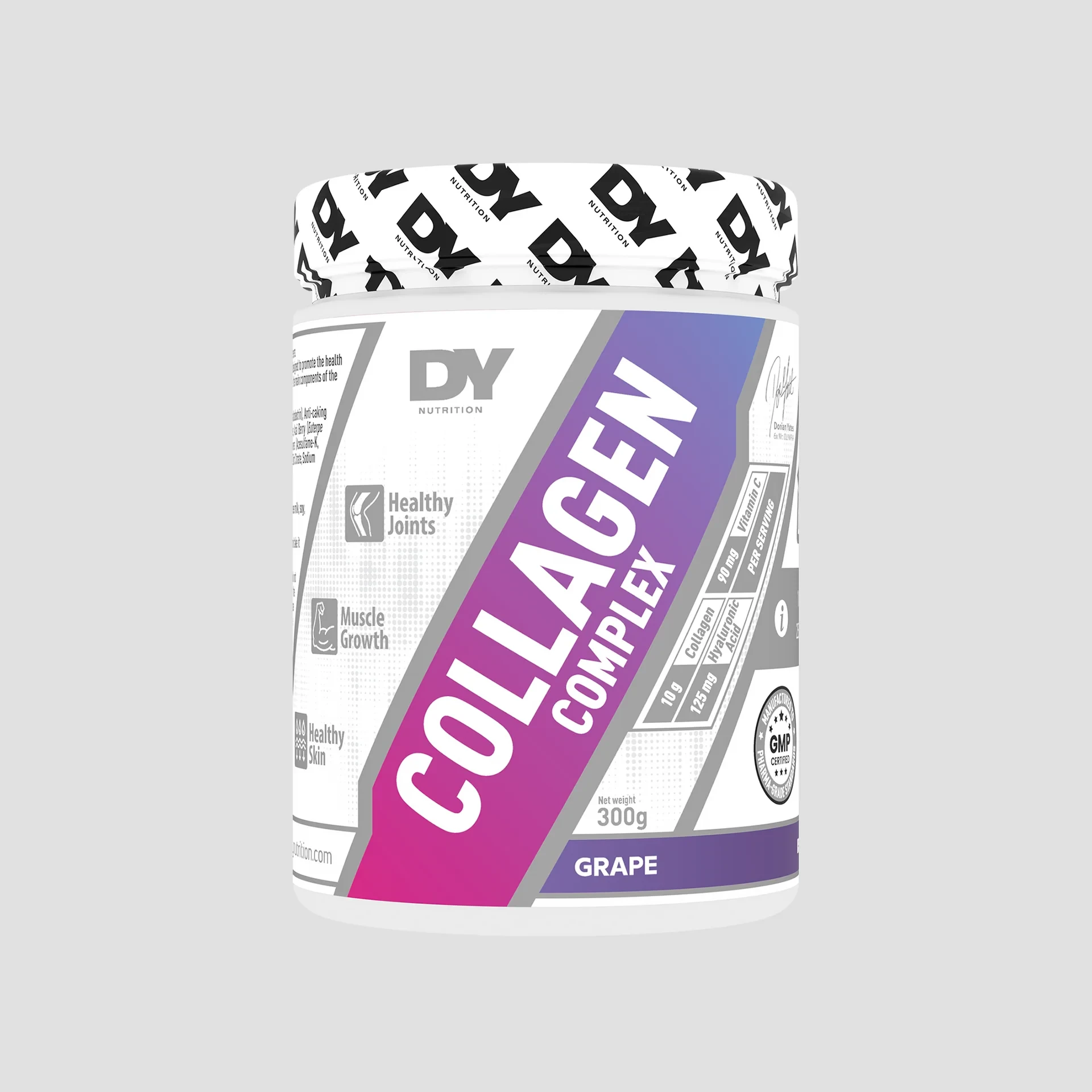 Dorian Yates Collagen Complex 300g Grape, a grape-flavoured collagen powder supplement in a white tub