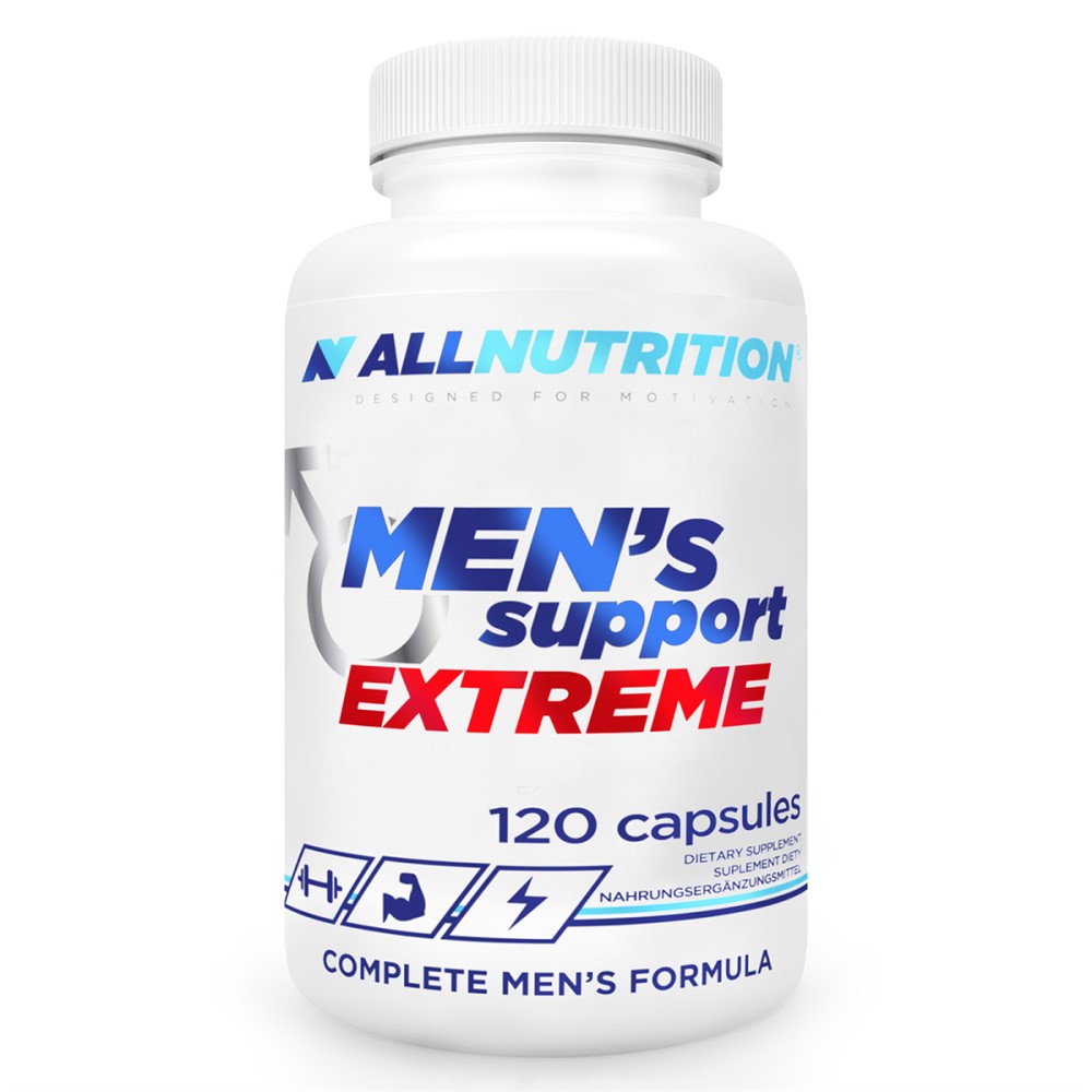Allnutrition Men's Support Extreme 120 capsules men's health dietary supplement in a white bottle, formulated for complete men's support.
