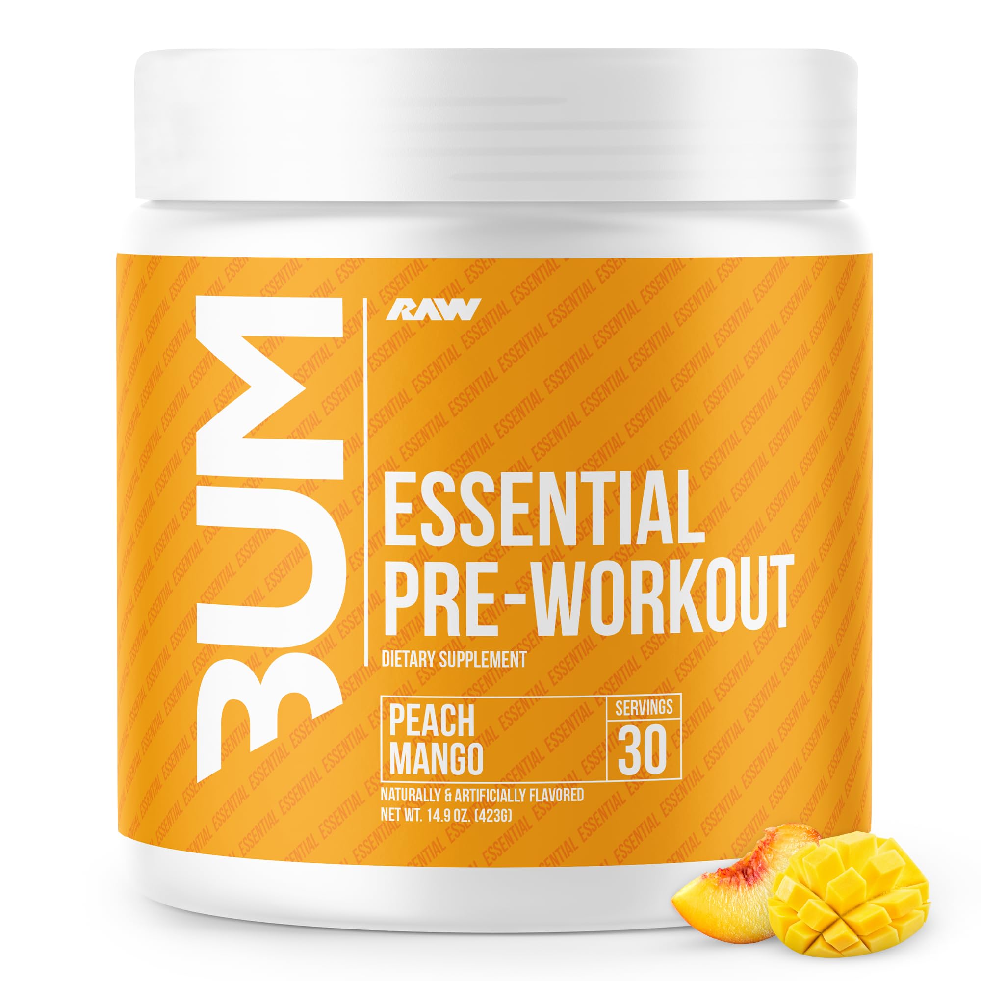 RAW Nutrition CBUM Essential Pre 30 Servings pre-workout powder in a branded container, likely with CBUM and RAW Nutrition logos