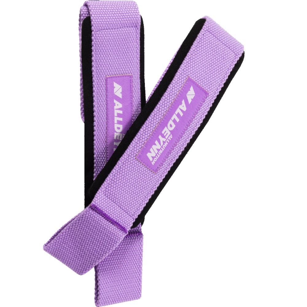 ALLNUTRITION ALLDEYNN Neoprene Lifting Straps in violet, a pair of durable lifting straps designed for weightlifting and gym workouts, featuring neoprene padding for comfort.