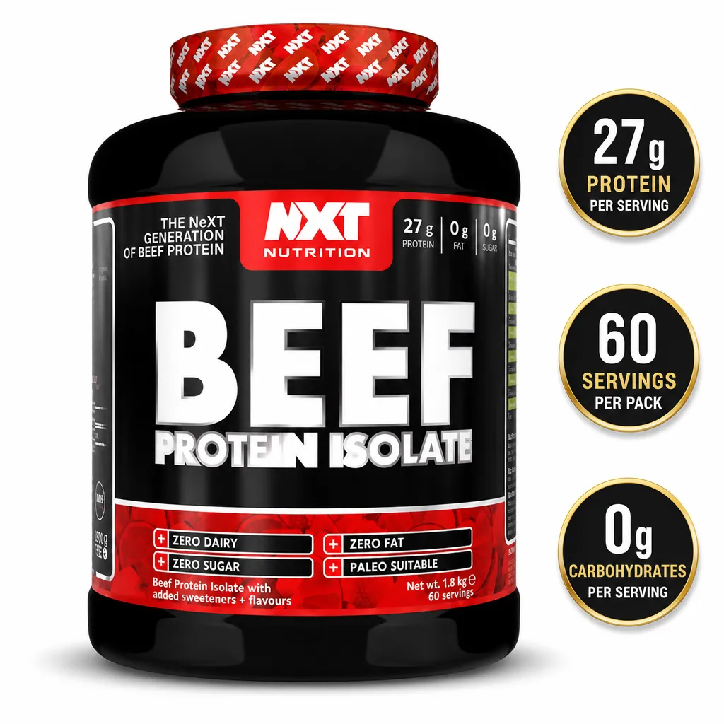 NXT Nutrition Beef Protein Isolate, 1.8kg beef protein powder with Blue Raspberry flavour in a black and red tub