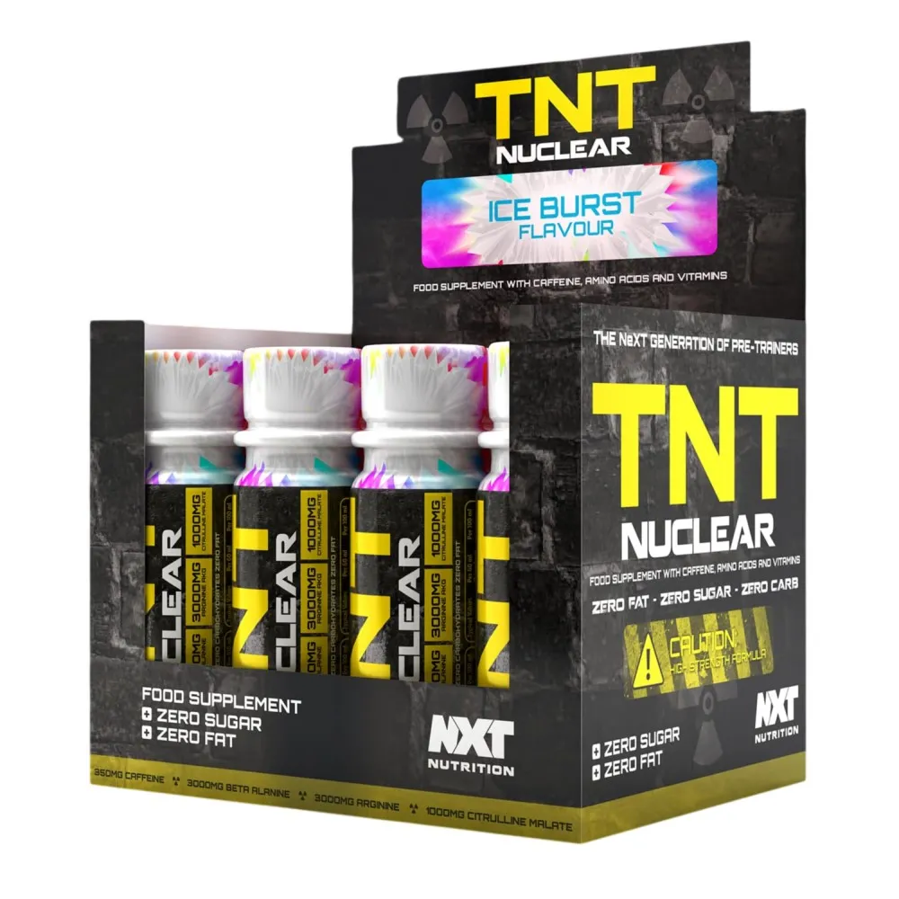 NXT TNT Nuclear Ice Burst Flavour pre-workout shot food supplement with caffeine, amino acids, and vitamins, zero sugar and zero fat, in a black and yellow box packaging.