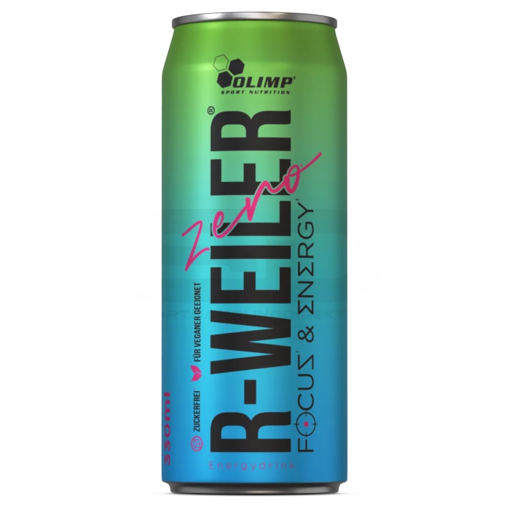 Olimp R-Weiler Focus Drink 330ml x4 pack, featuring four slim cans with branded Olimp Nutrition design