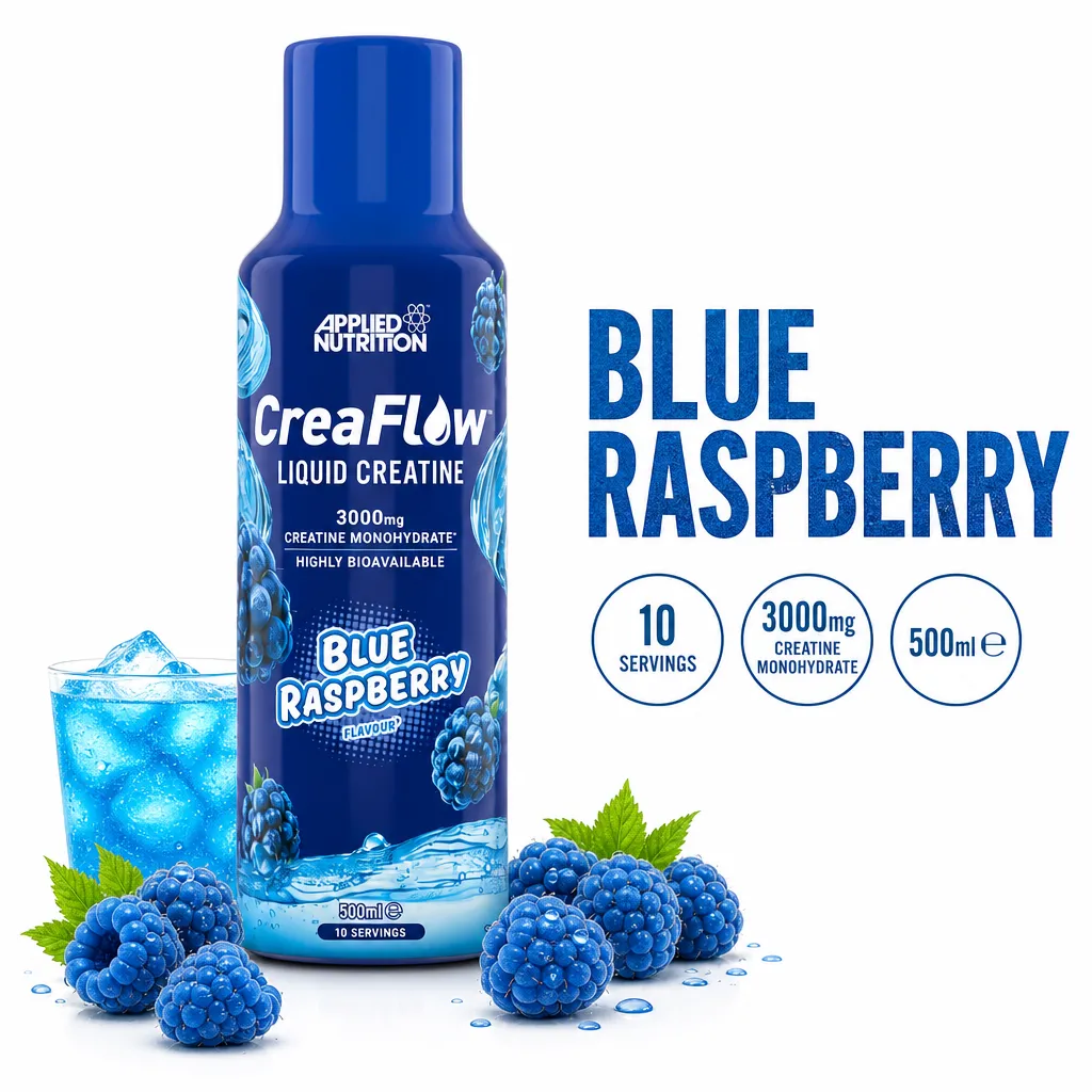 Applied Nutrition Creaflow liquid creatine, Blue Raspberry flavour, 500ml ready-to-drink blue bottle with 10 servings