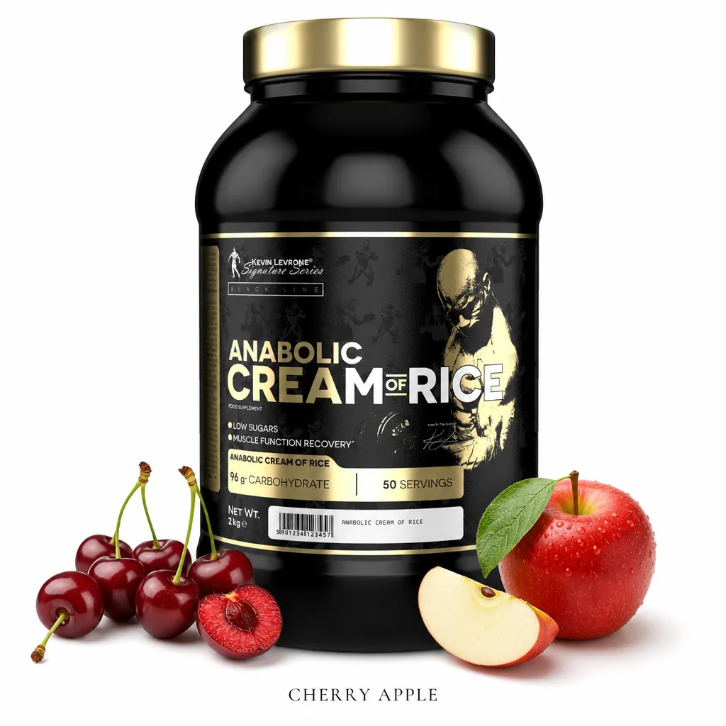 Kevin Levrone Anabolic Cream of Rice 2000g Cherry Apple is a high-quality carbohydrate powder with 96% rice flour and freeze-dried cherry and apple, ideal for muscle recovery.
