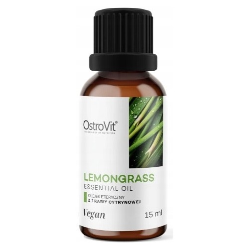 OstroVit Lemongrass Essential Oil 15ml vegan aromatherapy oil in a brown glass bottle, suitable for various uses including relaxation and wellness.