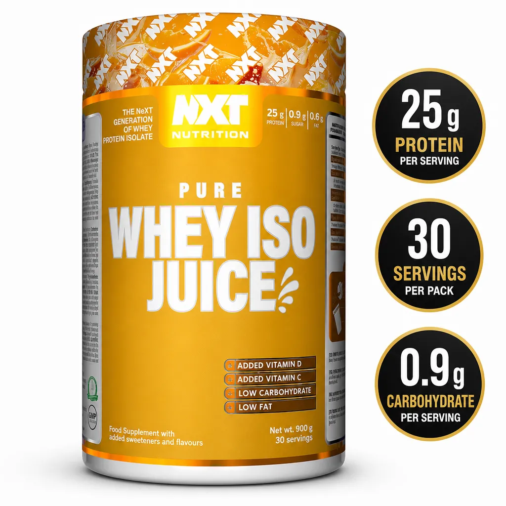 NXT Nutrition Pure Whey ISO Juice 900g whey protein isolate supplement in an orange tub with 25g protein per serving.