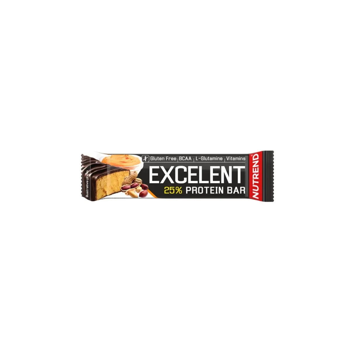 Nutrend Excelent 25% Protein Bar Peanut Butter, 85g, high-protein snack bar with BCAAs, L-glutamine, and vitamins, gluten-free, in chocolate coating.