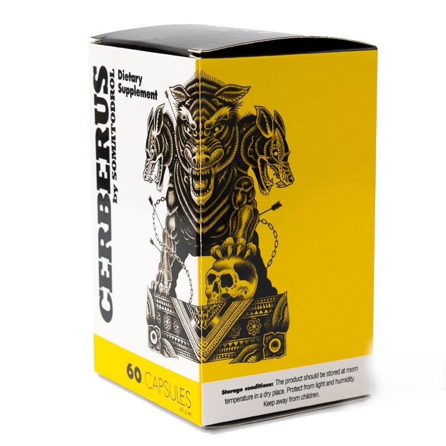 Iridium Labs Cerberus dietary supplement, 60 capsules, featuring a bold yellow and white box with a three-headed dog illustration, designed for fitness and bodybuilding support.