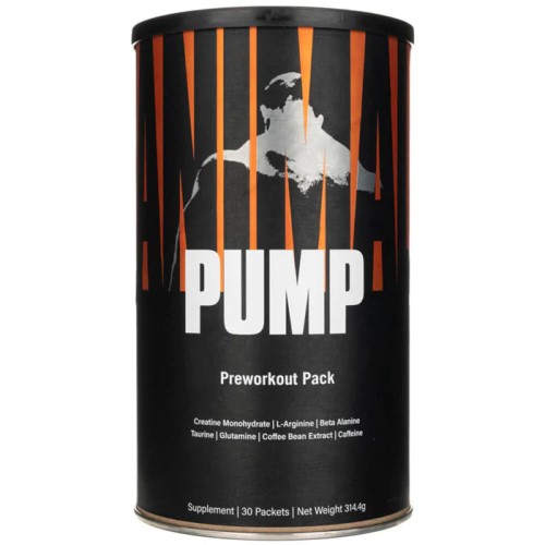 Universal Nutrition Animal Pump Preworkout Pack, a 30-packet creatine-based preworkout supplement with ingredients like L-Arginine, Beta Alanine, and caffeine, in a black and orange cylindrical container.