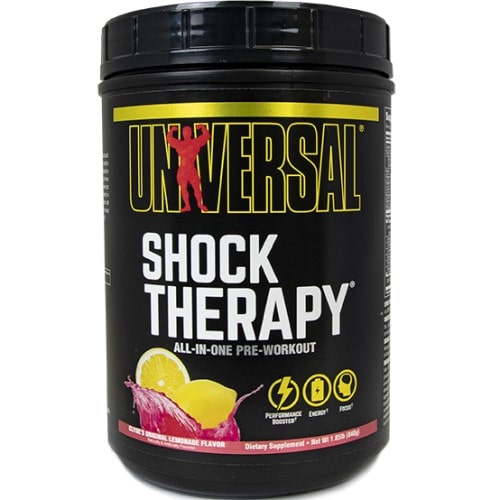 Universal Shock Therapy all-in-one pre-workout supplement in lemonade flavor, 840g tub, black container with yellow and white text, designed for energy and performance boost.