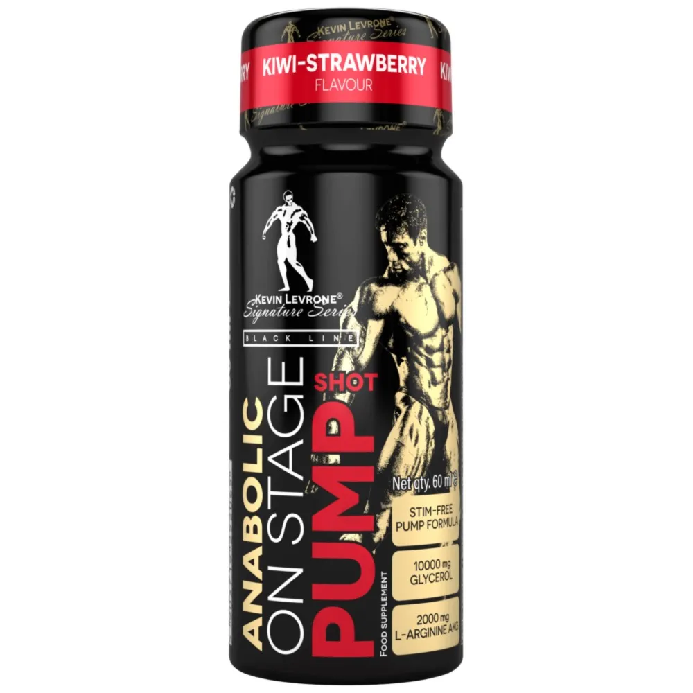 Kevin Levrone Anabolic On Stage Pump Shot 60ml kiwi-strawberry flavour, stim-free pump formula with 10000mg glycerol and 2000mg L-arginine, black and red bottle.