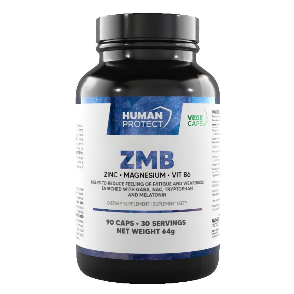 Human Protect ZMB 90 Vege Caps container with white and green label, 90 plant-based capsules