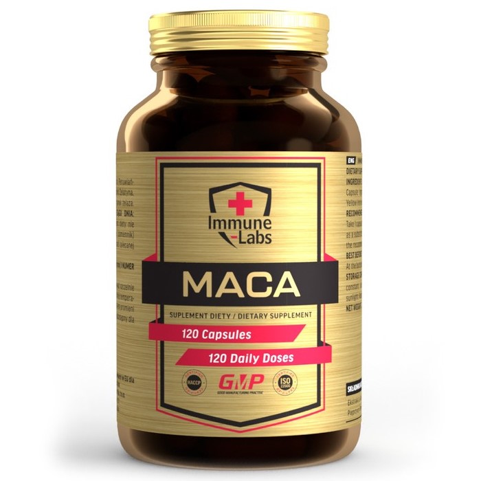 Immune Labs Maca dietary supplement, 120 capsules, designed to support vitality and wellness, in a brown bottle with a gold label.