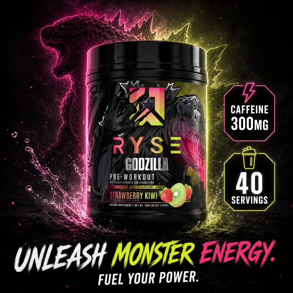 RYSE Supplements Godzilla Pre-Workout 40 Servings Strawberry Kiwi features a high-caffeine formula for energy, focus, and pump, with Godzilla branding.